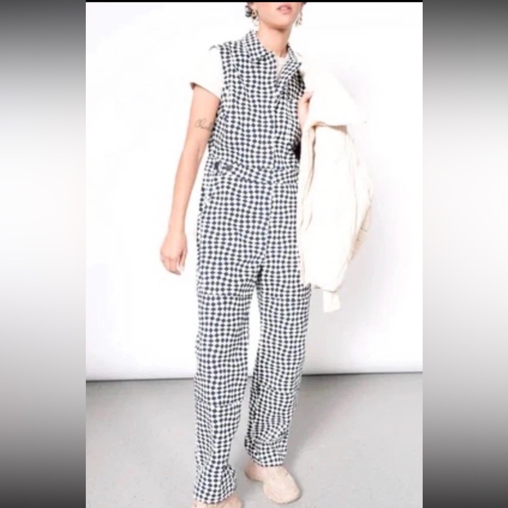 Wildfang THE Essentials High Waisted Coverall Jumpsuit Checkered Navy Blue M